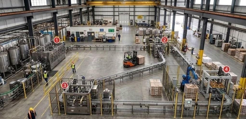 Industrial automated bottling line facility setup during plant commissioning.