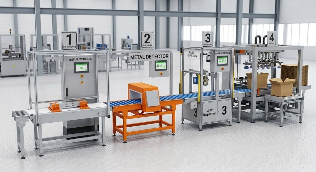An automated industrial conveyor system integrated with an inline industrial metal detector.